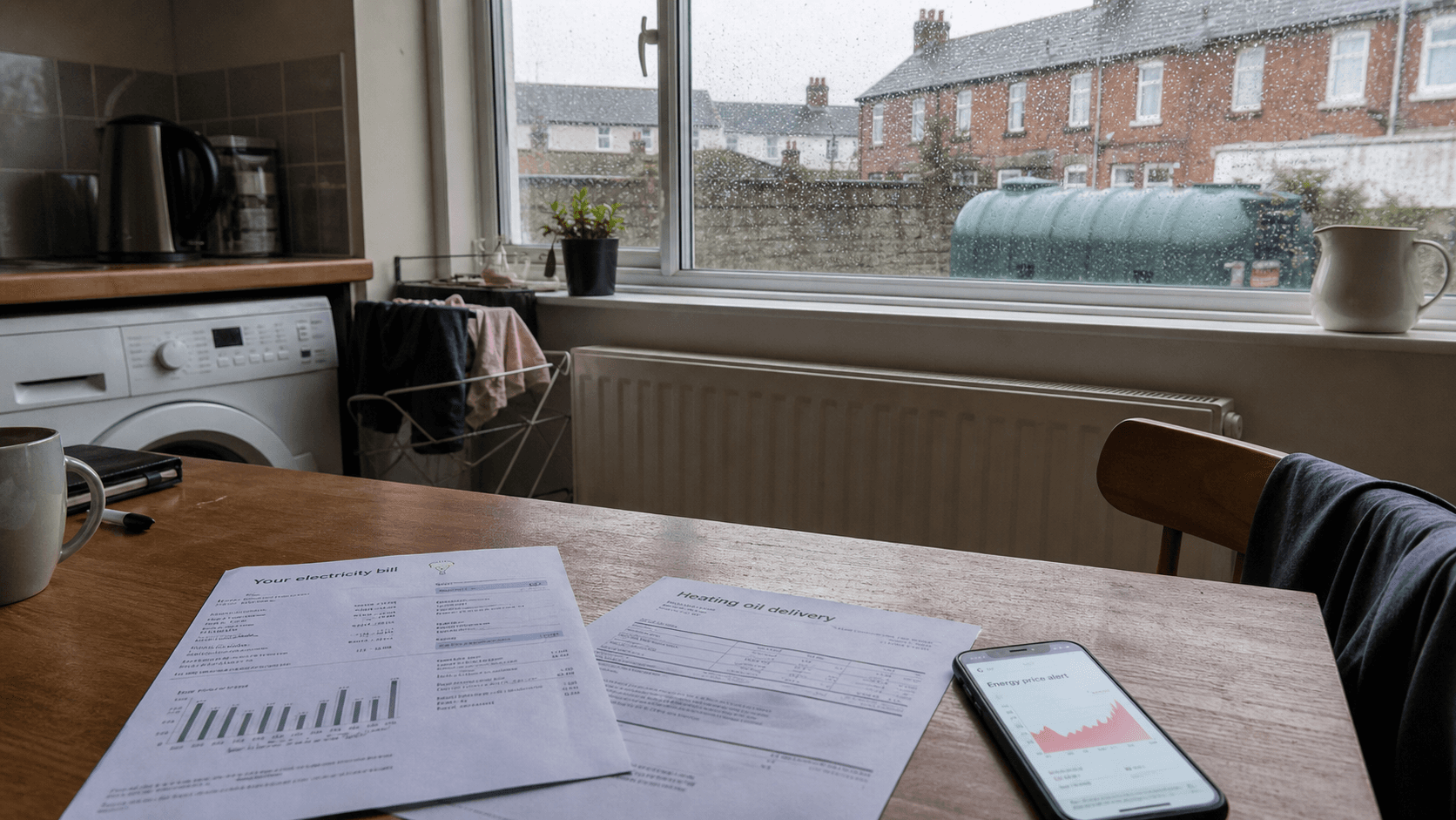 Irish household table with energy bills, a heating oil delivery docket, a phone price alert, a radiator and an outdoor oil tank